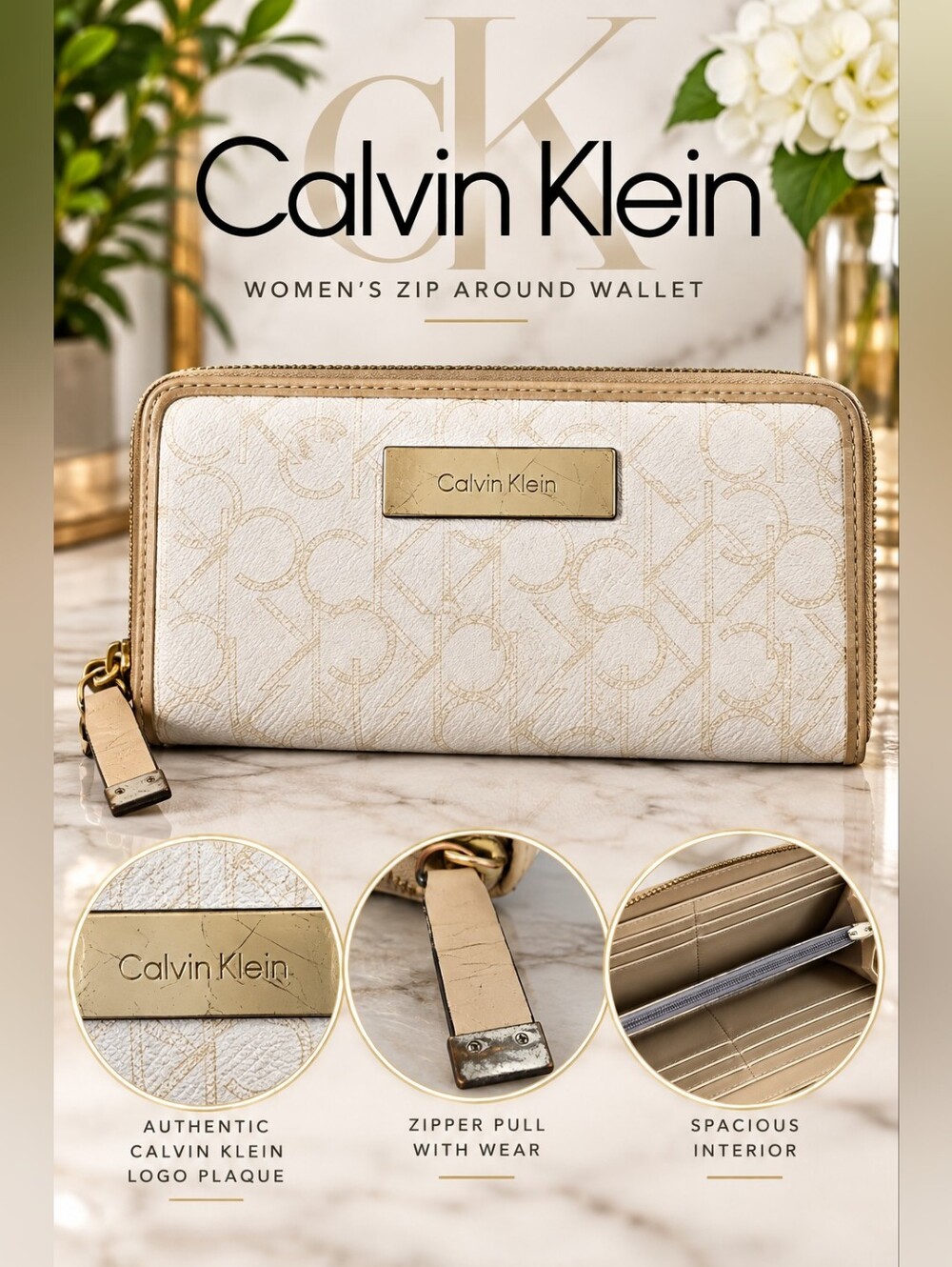 Calvin Klein CK Monogram Cream Tan Zip Around Continental Wallet